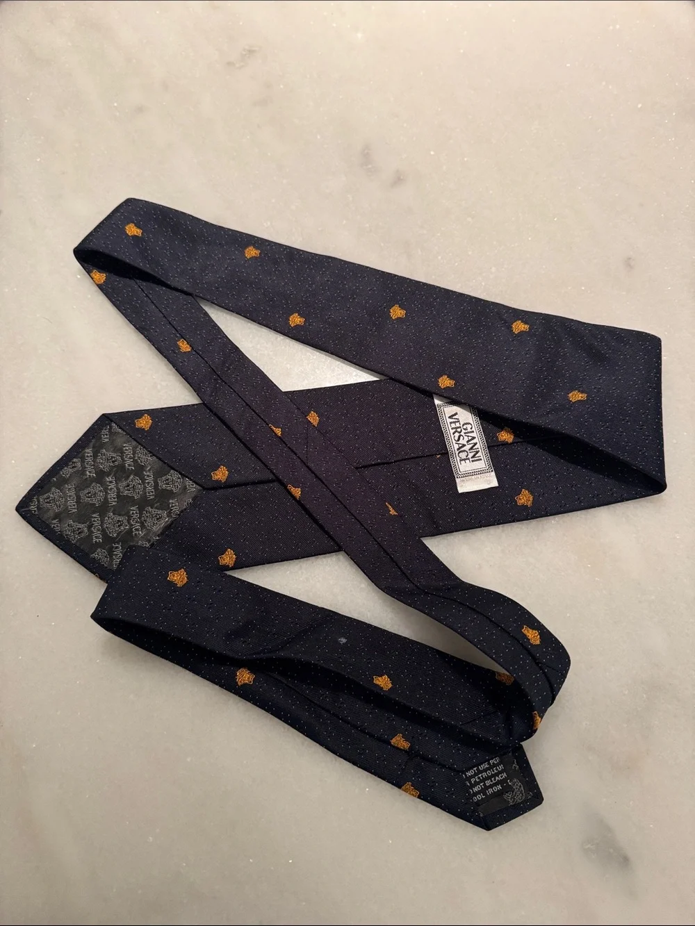 Versace Dark Blue Silk Tie with Gold Medusa Motifs